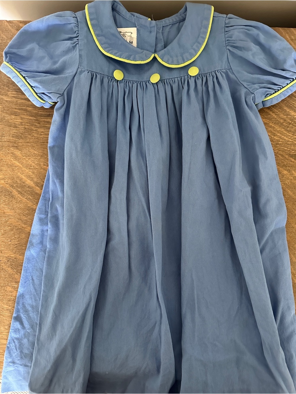Blue Puff-Sleeve Kids Dress with Yellow Trim